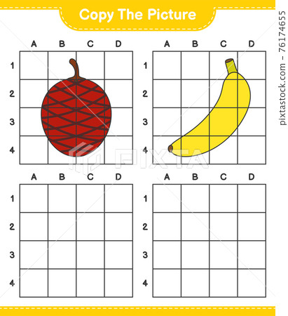 Copy the picture, copy the picture of Fruits using grid lines. Educational children game, printable worksheet, vector illustration Copy the picture, copy the picture of Fruits using grid lines. Educational children game, printable worksheet, vector illustration 76174655