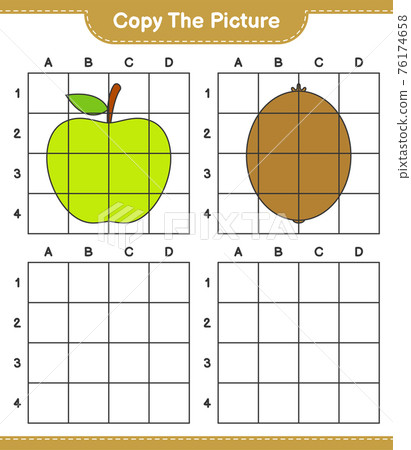 Copy the picture, copy the picture of Fruits using grid lines. Educational children game, printable worksheet, vector illustration 76174658