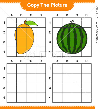 Copy the picture, copy the picture of Fruits using grid lines. Educational children game, printable worksheet, vector illustration 76174659