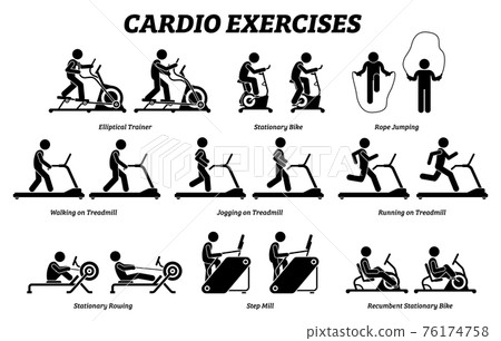 Cardio exercises and fitness training at gym. Artworks depict cardio exercise machine, elliptical trainer, stationary bike, rope jumping, treadmill, step mill, stationary rowing, and recumbent bike. Cardio exercises and fitness training at gym. Artworks depict cardio exercise machine, elliptical trainer, stationary bike, rope jumping, treadmill, step mill, stationary rowing, and recumbent bike. 76174758