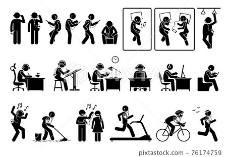 Man using phone and listening to earphone in different poses stick figures pictogram. Artworks depict people or person listening to music, podcast, or video with phone while doing various activities. 76174759