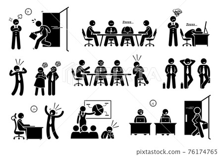 Lazy useless millennials social issue at workplace. Vector artwork depicts young generation worker late to work, sleeping during meeting, boastful, irresponsible, leaving early, and feeling entitled. Lazy useless millennials social issue at workplace. Vector artwork depicts young generation worker late to work, sleeping during meeting, boastful, irresponsible, leaving early, and feeling entitled. 76174765