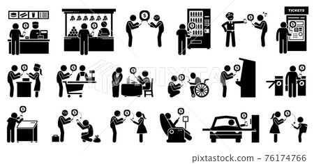 Cashless payment with e-wallet using smartphone. Vector artwork depicts people using phone to make payment and transfer money. 76174766