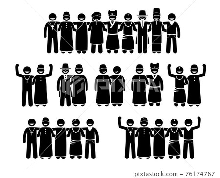 Mixed culture, multiracial, multicultural, and peaceful religions of human standing together. Vector artwork depicts people of different religions standing united together to promote a peaceful world. Mixed culture, multiracial, multicultural, and peaceful religions of human standing together. Vector artwork depicts people of different religions standing united together to promote a peaceful world. 76174767