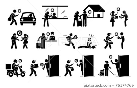 People using smart phone to order services online through app. Vector artwork depicts app for mobile hail ride, e-ticketing, homestays, buy sell marketplace, dating, emergency, handyman, and delivery. 76174769