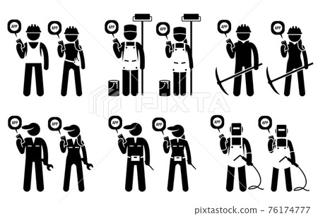Industrial, construction, builders, and mining workers using mobile app for their jobs. Vector artwork depicts construction worker, painter, miner, technician, mechanic, and welder use smartphone app. Industrial, construction, builders, and mining workers using mobile app for their jobs. Vector artwork depicts construction worker, painter, miner, technician, mechanic, and welder use smartphone app. 76174777