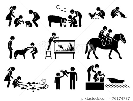 People feeding and interacting with domestic animals. Stick figure illustrations depict children feeding rabbit, sheep, chicken, fish, and dolphin. The boy also playing with cat, dog, horse, and bird. People feeding and interacting with domestic animals. Stick figure illustrations depict children feeding rabbit, sheep, chicken, fish, and dolphin. The boy also playing with cat, dog, horse, and bird. 76174787