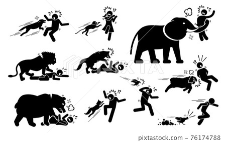 Animals attack human icons signs symbol. Illustrations depict angry and violent dog, monkey, elephant, lion, wolf, bear, fox, bird, sheep, and chicken attack people when the animals felt threatened. 76174788