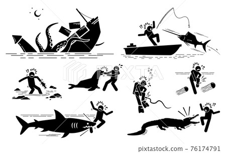 Sea animals and underwater creatures attack human icons signs symbols. Illustrations depict giant squid, sailfish, fish, sea lion, sea snake, box jellyfish, shark, and crocodile attacking on people. 76174791