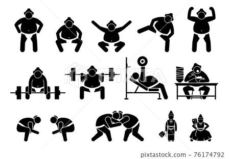 Japanese Sumo wrestler icons pictogram. Simple set icons cliparts depict sumo wrestler standing position, squatting, raising leg, gym workout, eating, and wrestling stance postures with Gyoji referee. 76174792