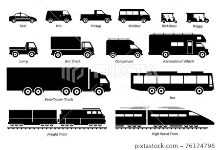 List of commercial landed vehicles transportation icons. Illustrations artwork depict land transport for commercial  work. These are taxi, van, pickup, truck, bus, lorry, and train. 76174798