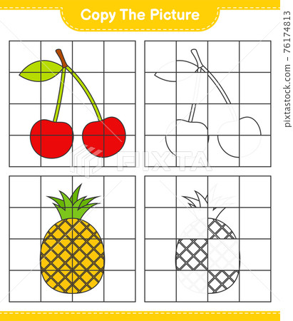 Copy the picture, copy the picture of Fruits using grid lines. Educational children game, printable worksheet, vector illustration 76174813