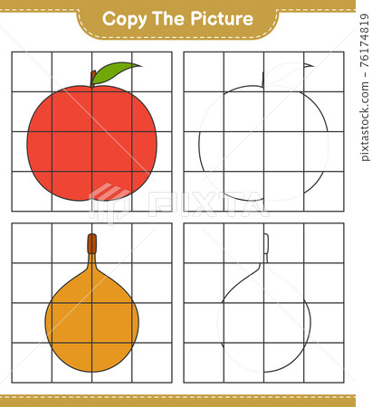 Copy the picture, copy the picture of Fruits using grid lines. Educational children game, printable worksheet, vector illustration Copy the picture, copy the picture of Fruits using grid lines. Educational children game, printable worksheet, vector illustration 76174819