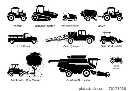 List of agriculture farming vehicles, tractors, trucks, and machines. Illustrations depict tractor, lawn mower, baler, farm truck, crop sprayer, front end loader, tree shaker, and combine harvester. 76175086
