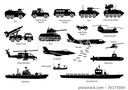 Military combat vehicles, transportation, and machine icon set. Artwork depicts army armored vehicle, tank, missile truck, bomber, attack helicopter, jet fighter, warship, boat, ship, and submarine. Military combat vehicles, transportation, and machine icon set. Artwork depicts army armored vehicle, tank, missile truck, bomber, attack helicopter, jet fighter, warship, boat, ship, and submarine. 76175089
