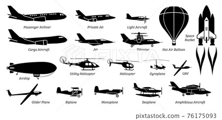 List of different airplane, aircraft, aeroplane, plane and aviation icons. Artwork show airliner, jet, light aircraft, cargo plane, airship, helicopter, space rocket, biplane, monoplane, and seaplane. 76175093