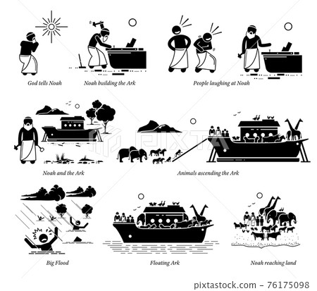 Noah Ark Christian Bible Story. Illustration artwork of Noah building the Ark to save animals before the big flood by God. Noah Ark Christian Bible Story. Illustration artwork of Noah building the Ark to save animals before the big flood by God. 76175098