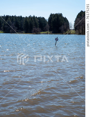 A sign sticks up out of high water with tall tree background A sign sticks up out of high water with tall tree background 76175291