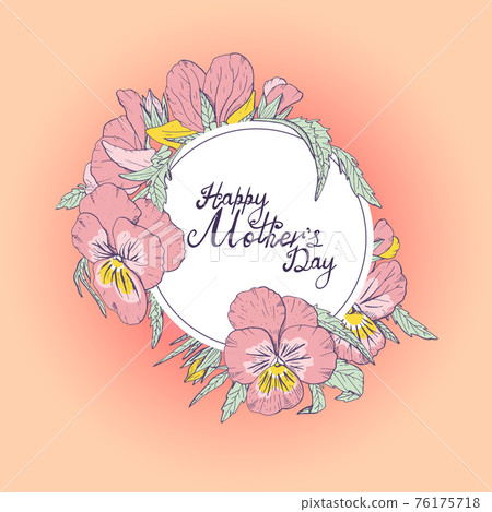 Hand lettering text Happy Mother's day decorated with line art vintage pansy flowers 76175718
