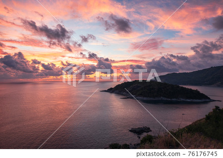 Scenery of tropical sea with colorful sky on Laem Promthep Cape, Phuket at the sunset 76176745