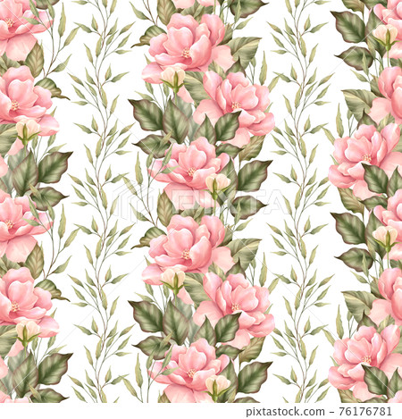 Seamless pattern with pink flowers on white... - Stock Illustration ...