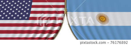 United States and Argentina cooperation or conflict, flags and closing or opening zipper between them. Conceptual 3D rendering United States and Argentina cooperation or conflict, flags and closing or opening zipper between them. Conceptual 3D rendering 76176892