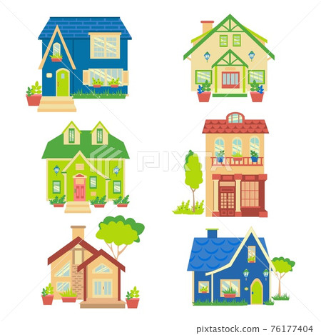 Cottage set Collection of country house flat vector illustration Cottage set Collection of country house flat vector illustration 76177404