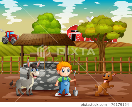 Young farmer and animals in the farmland Young farmer and animals in the farmland 76179164