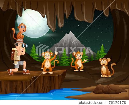The explorer boy with four monkeys in the cave at night The explorer boy with four monkeys in the cave at night 76179178