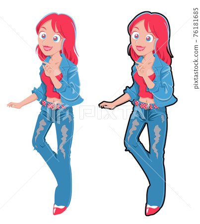 粉紅色的頭髮，牛仔褲，智能手機，女孩 76181685