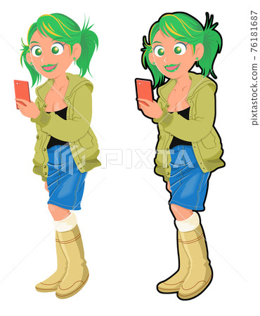 黃綠色 kami,智能手機,女孩 黃綠色 kami,智能手機,女孩 76181687