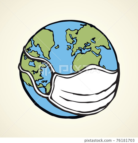 Medical mask on planet Earth from the spread of coronavirus. Vector drawing 76181703