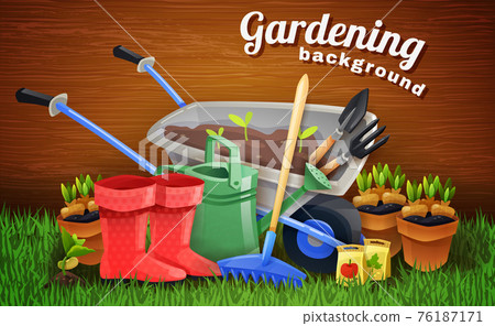 Colorful Gardening Background With Farm Tools 76187171
