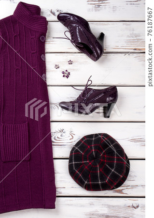 Purple woolen coat, hat and pair of shoes. Purple woolen coat, hat and pair of shoes. 76187667