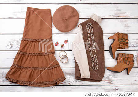 Autumn collection of women outfit. Autumn collection of women outfit. 76187947