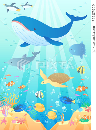 Vector illustration background (landscape) where whales, penguins and dolphins are swimming in the summer sea 76187999