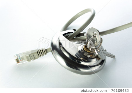 Network cable with metal lock. Concept blocking Internet, sites and information in network Network cable with metal lock. Concept blocking Internet, sites and information in network 76189483