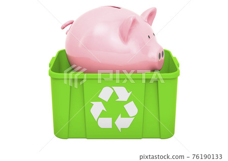 Recycling trashcan with piggy bank. 3D rendering 76190133