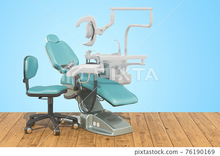 Dental Chair and Delivery Unit on the wooden planks, 3D rendering 76190169