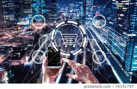 Online shopping theme with person using smartphone 76191797
