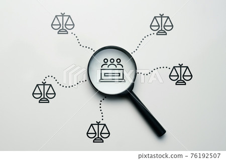 Jury search concept for trial with abstract magnifying glass Jury search concept for trial with abstract magnifying glass 76192507