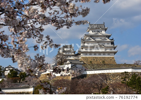 Himeji City, Hyogo Prefecture, Japan Himeji Castle, a World Heritage Site and a national treasure, spring cherry blossoms, blue sky and a magnificent castle tower 76192774