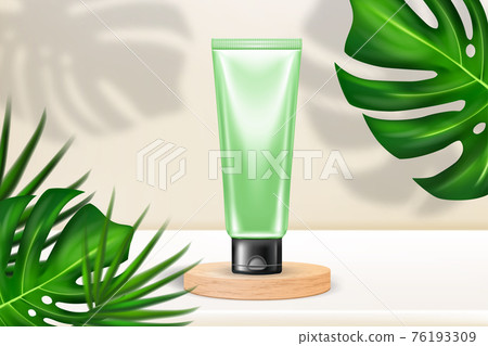 Cosmetic product at wooden podium with palm leaves and shadows. Realistic wood platform for product presentation. Nature scene with pedestal mockup. Vector 3d illustration of cosmetics ads 76193309