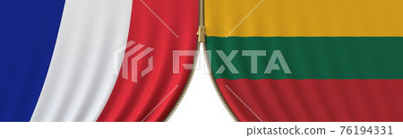 France and Lithuania cooperation or conflict, flags and closing or opening zipper between them. Conceptual 3D rendering 76194331