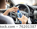 Women drink water during driving in the morning. 76201387