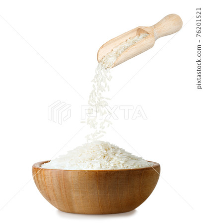 uncooked jasmine rice in wooden bowl isolated 76201521