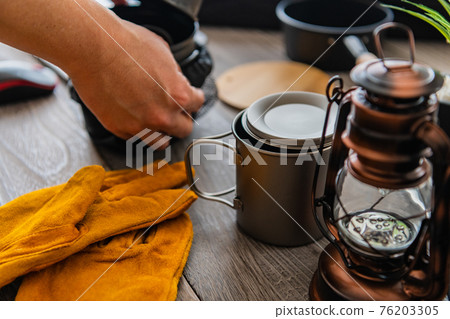 Camping equipment outdoor equipment close-up wood grain table background material 76203305