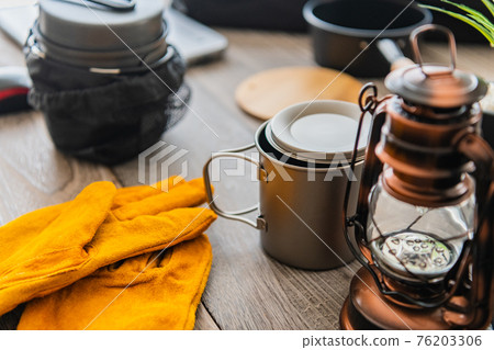 Camping equipment outdoor equipment close-up wood grain table background material 76203306