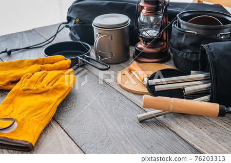 Camping equipment outdoor equipment close-up wood grain table background material 76203313