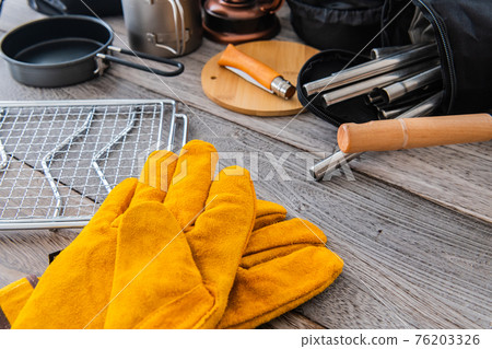 Camping equipment outdoor equipment close-up wood grain table background material 76203326